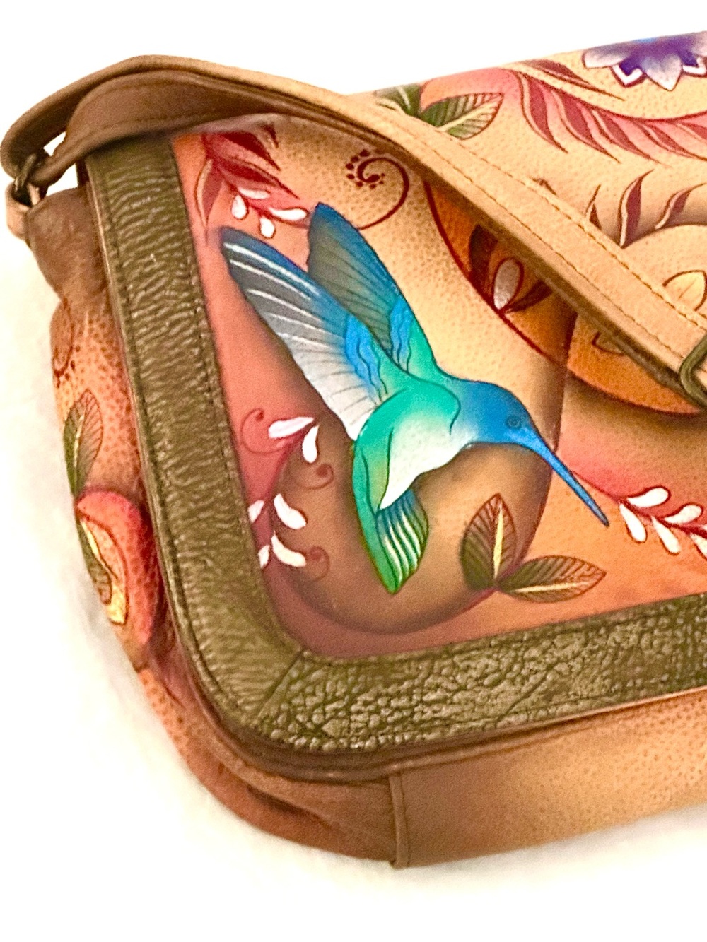 Anuschka Hand-Painted Leather Teal Hummingbird Crossbody Bag New - Picture 5 of 16
